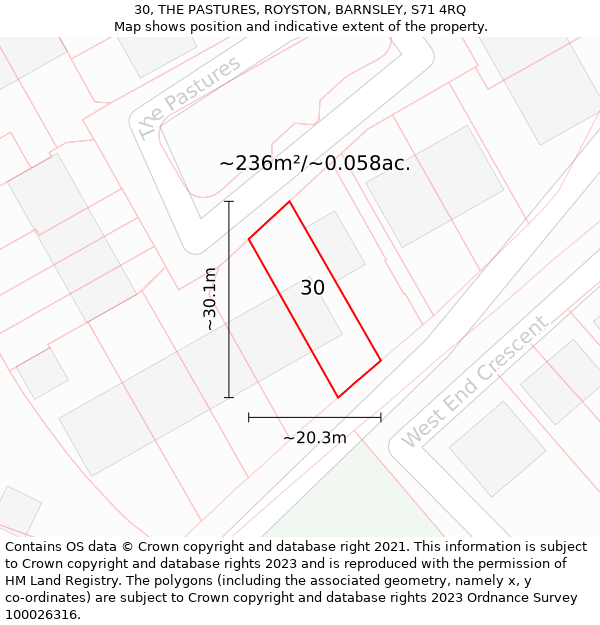 30, THE PASTURES, ROYSTON, BARNSLEY, S71 4RQ: Plot and title map