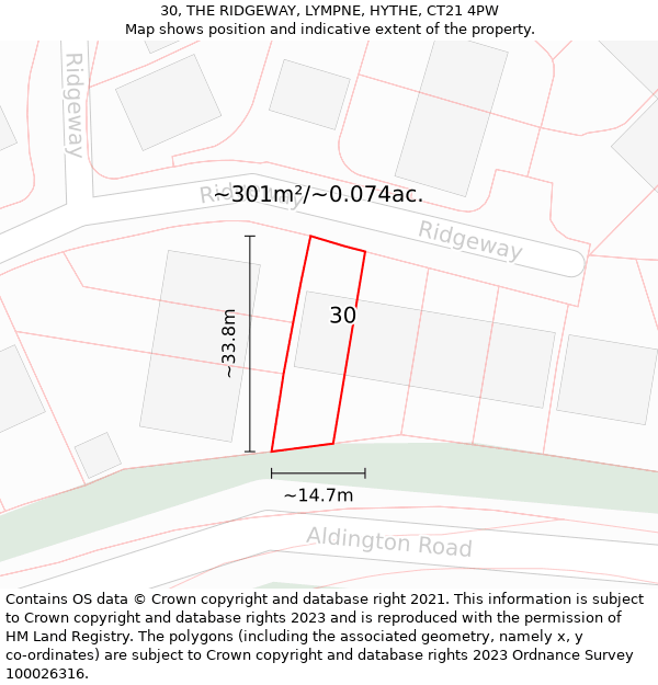 30, THE RIDGEWAY, LYMPNE, HYTHE, CT21 4PW: Plot and title map