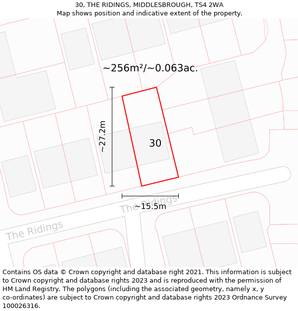 30, THE RIDINGS, MIDDLESBROUGH, TS4 2WA: Plot and title map