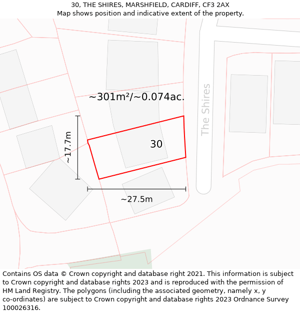 30, THE SHIRES, MARSHFIELD, CARDIFF, CF3 2AX: Plot and title map