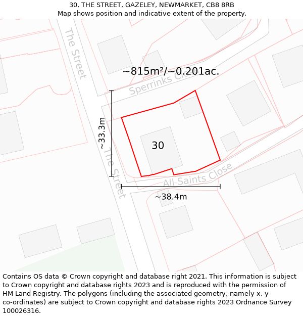 30, THE STREET, GAZELEY, NEWMARKET, CB8 8RB: Plot and title map