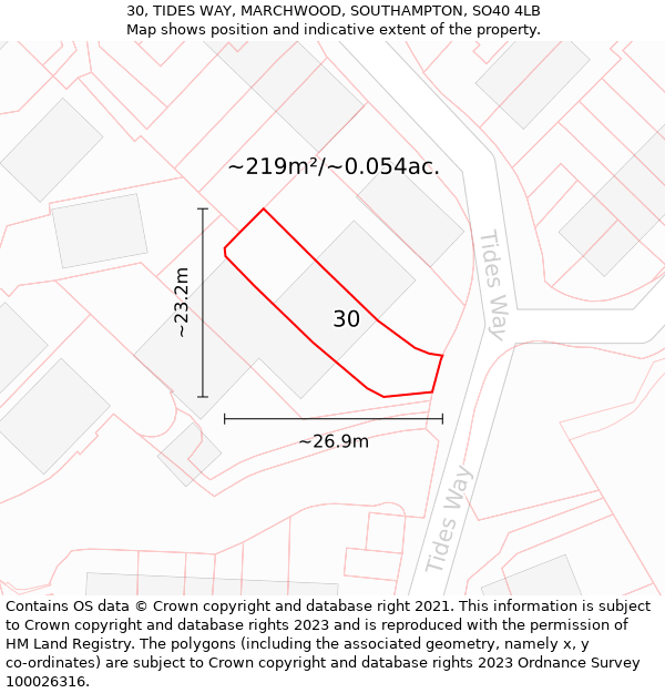 30, TIDES WAY, MARCHWOOD, SOUTHAMPTON, SO40 4LB: Plot and title map