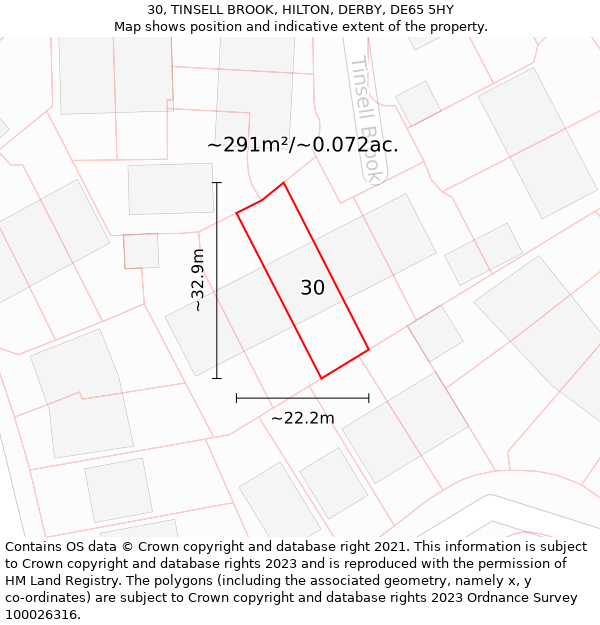 30, TINSELL BROOK, HILTON, DERBY, DE65 5HY: Plot and title map