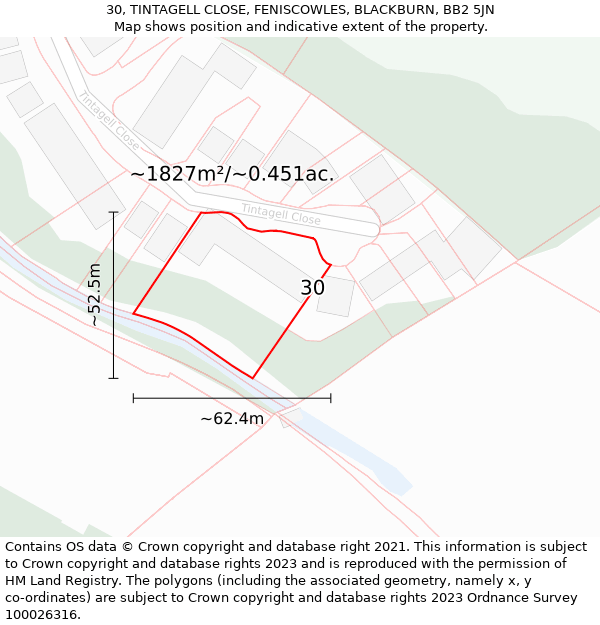 30, TINTAGELL CLOSE, FENISCOWLES, BLACKBURN, BB2 5JN: Plot and title map