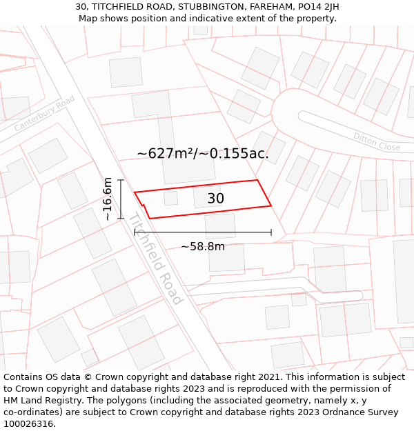 30, TITCHFIELD ROAD, STUBBINGTON, FAREHAM, PO14 2JH: Plot and title map