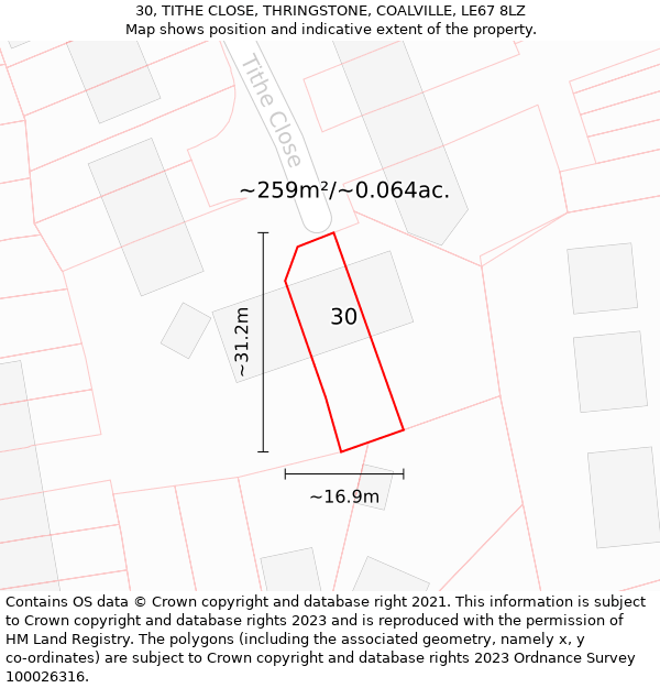 30, TITHE CLOSE, THRINGSTONE, COALVILLE, LE67 8LZ: Plot and title map