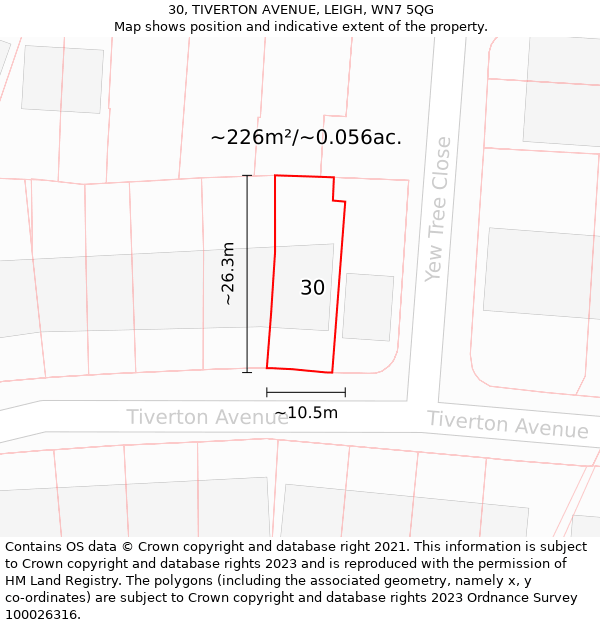 30, TIVERTON AVENUE, LEIGH, WN7 5QG: Plot and title map