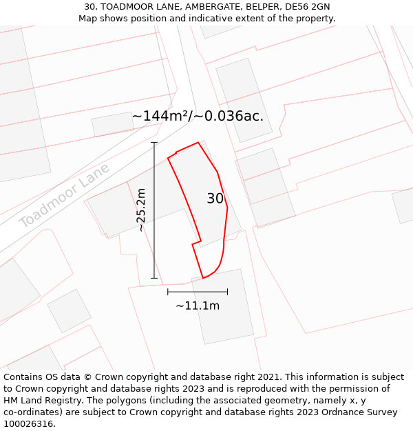 30, TOADMOOR LANE, AMBERGATE, BELPER, DE56 2GN: Plot and title map