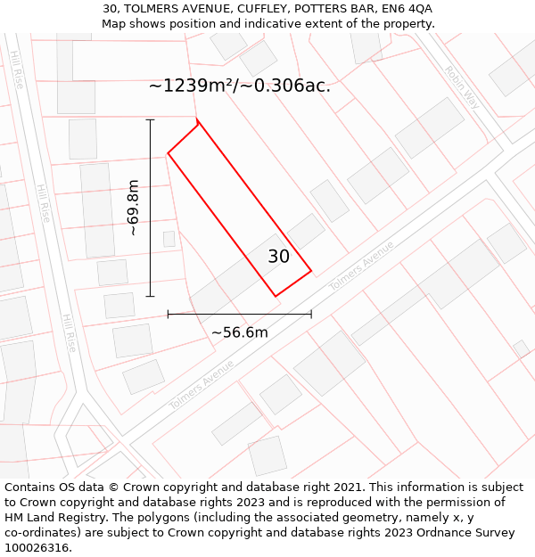 30, TOLMERS AVENUE, CUFFLEY, POTTERS BAR, EN6 4QA: Plot and title map