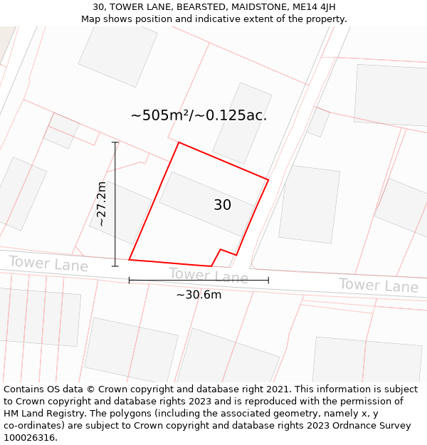 30, TOWER LANE, BEARSTED, MAIDSTONE, ME14 4JH: Plot and title map