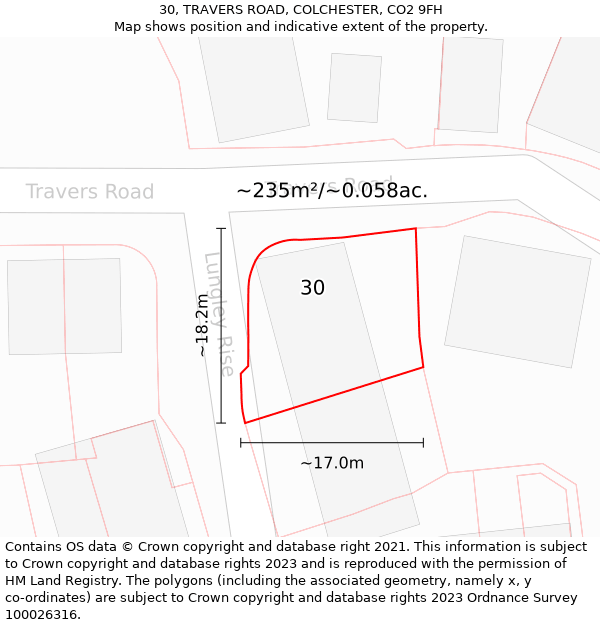 30, TRAVERS ROAD, COLCHESTER, CO2 9FH: Plot and title map