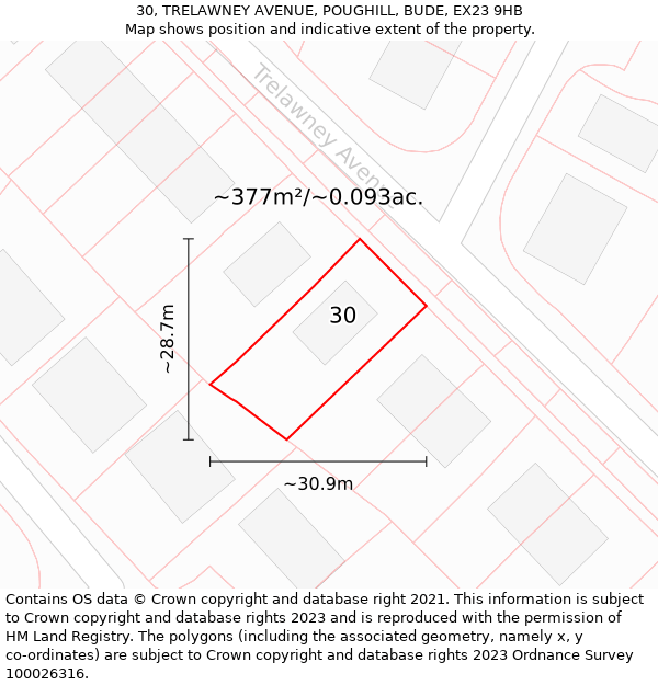 30, TRELAWNEY AVENUE, POUGHILL, BUDE, EX23 9HB: Plot and title map