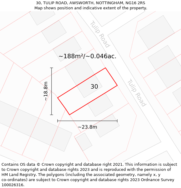 30, TULIP ROAD, AWSWORTH, NOTTINGHAM, NG16 2RS: Plot and title map