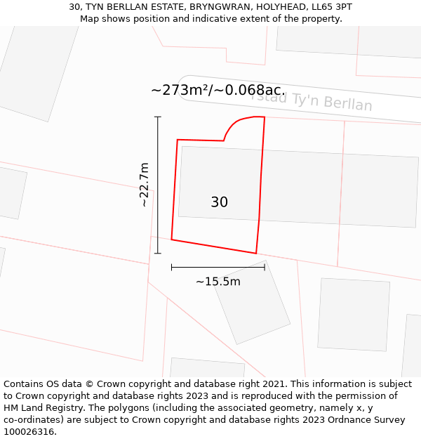 30, TYN BERLLAN ESTATE, BRYNGWRAN, HOLYHEAD, LL65 3PT: Plot and title map