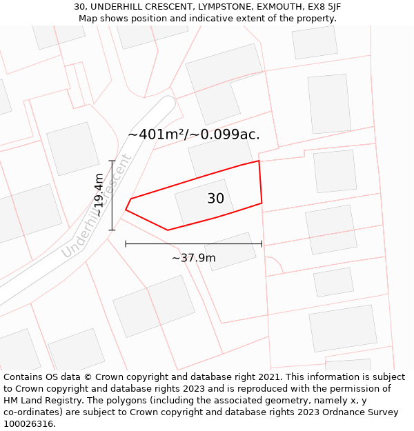 30, UNDERHILL CRESCENT, LYMPSTONE, EXMOUTH, EX8 5JF: Plot and title map