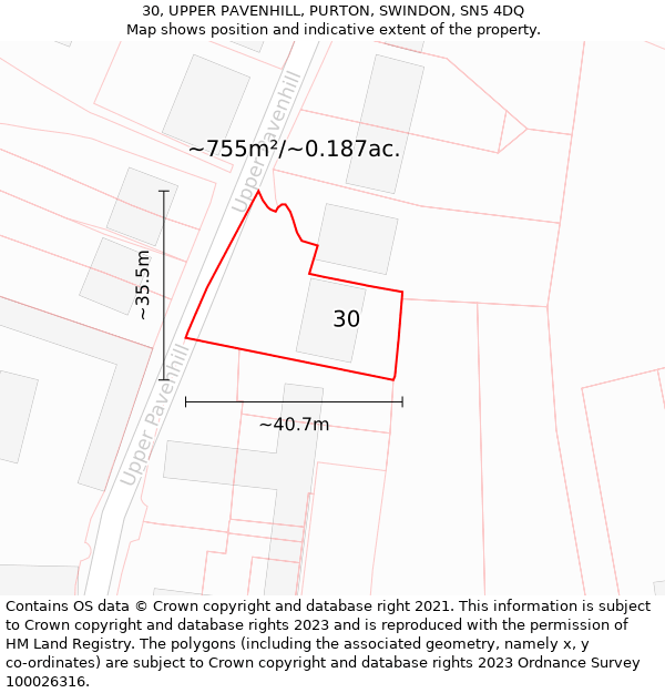 30, UPPER PAVENHILL, PURTON, SWINDON, SN5 4DQ: Plot and title map