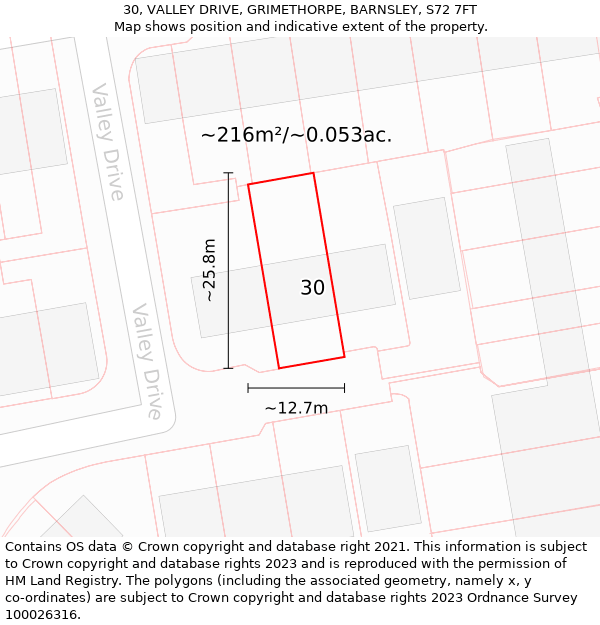 30, VALLEY DRIVE, GRIMETHORPE, BARNSLEY, S72 7FT: Plot and title map