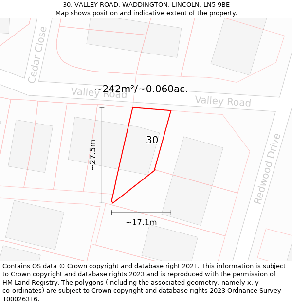 30, VALLEY ROAD, WADDINGTON, LINCOLN, LN5 9BE: Plot and title map