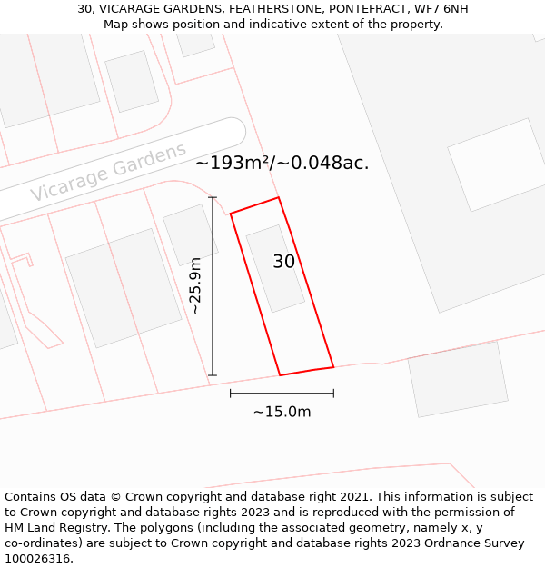 30, VICARAGE GARDENS, FEATHERSTONE, PONTEFRACT, WF7 6NH: Plot and title map