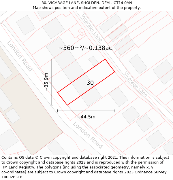 30, VICARAGE LANE, SHOLDEN, DEAL, CT14 0AN: Plot and title map