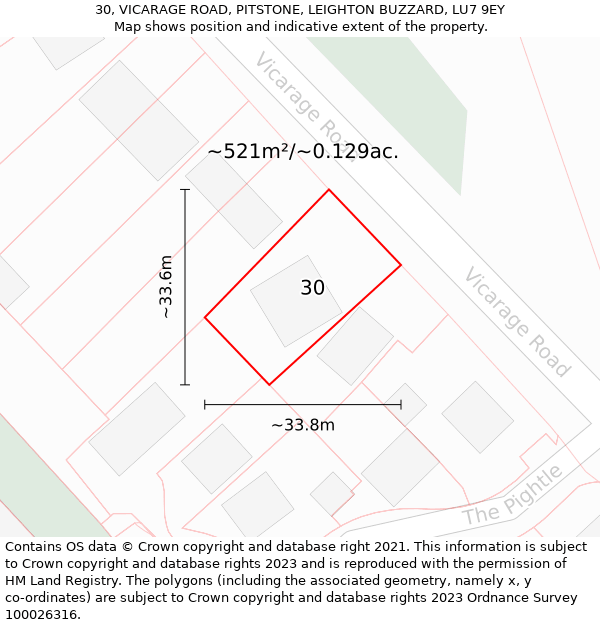 30, VICARAGE ROAD, PITSTONE, LEIGHTON BUZZARD, LU7 9EY: Plot and title map