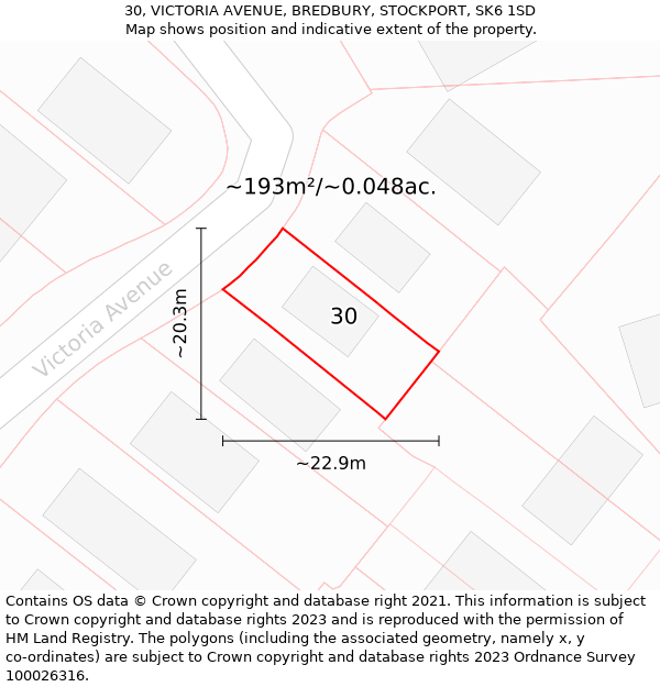 30, VICTORIA AVENUE, BREDBURY, STOCKPORT, SK6 1SD: Plot and title map