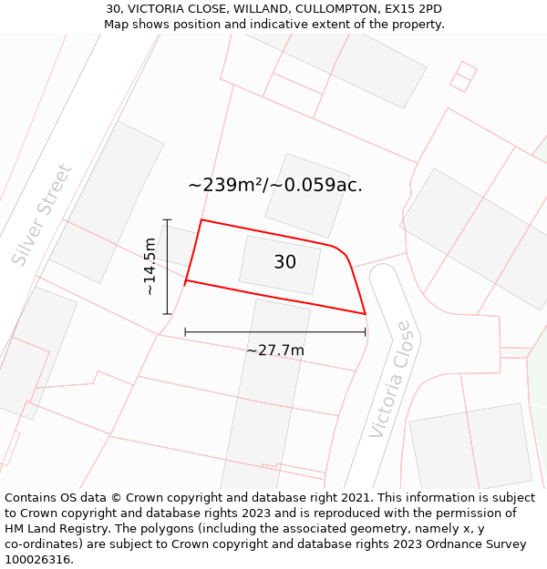 30, VICTORIA CLOSE, WILLAND, CULLOMPTON, EX15 2PD: Plot and title map