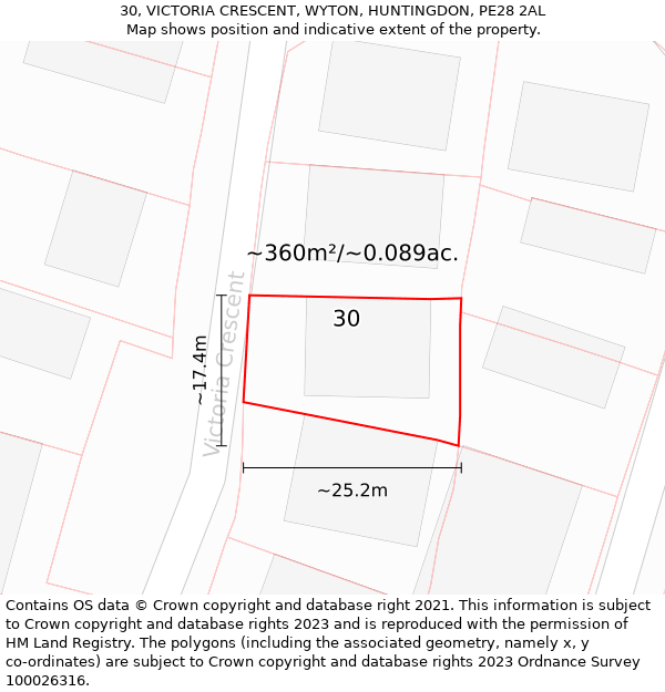 30, VICTORIA CRESCENT, WYTON, HUNTINGDON, PE28 2AL: Plot and title map