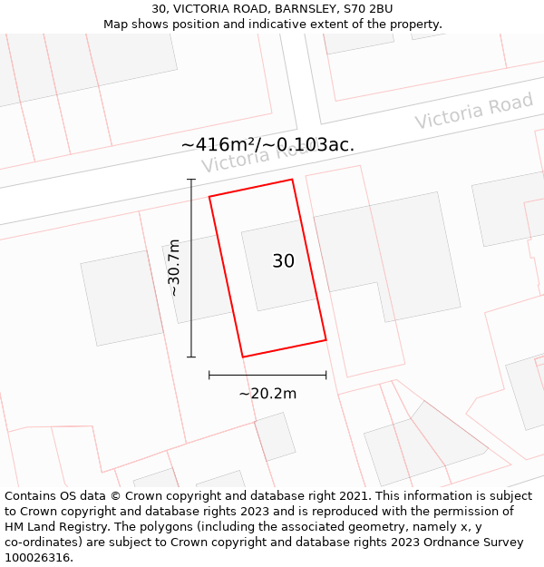 30, VICTORIA ROAD, BARNSLEY, S70 2BU: Plot and title map