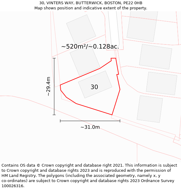 30, VINTERS WAY, BUTTERWICK, BOSTON, PE22 0HB: Plot and title map