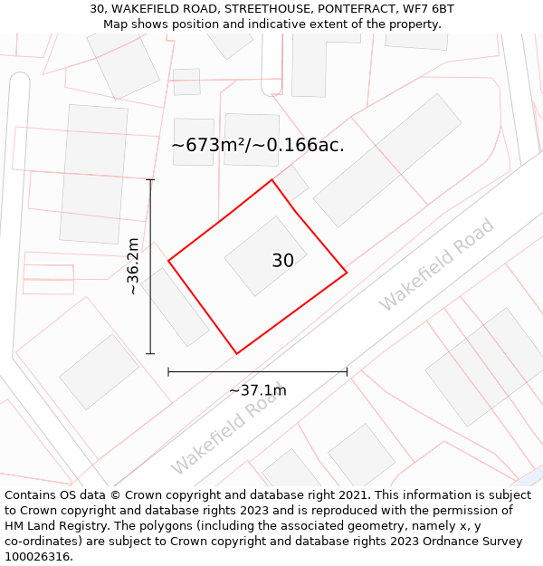 30, WAKEFIELD ROAD, STREETHOUSE, PONTEFRACT, WF7 6BT: Plot and title map