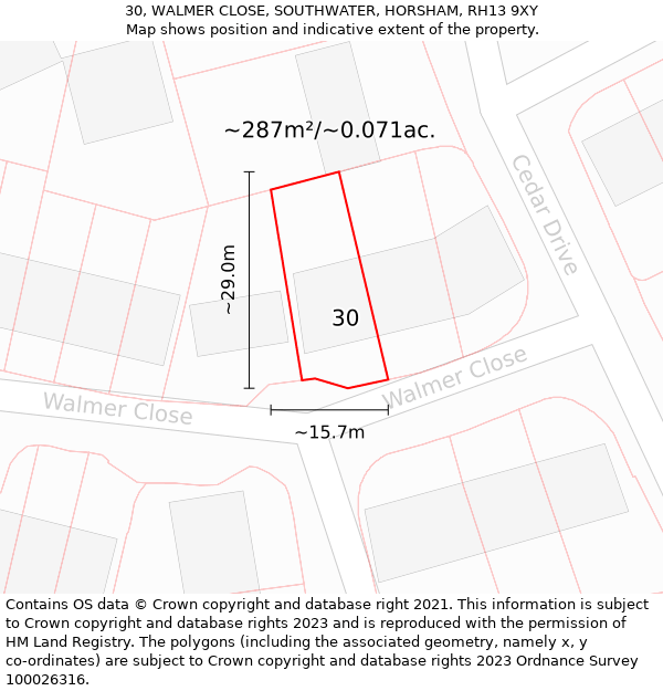 30, WALMER CLOSE, SOUTHWATER, HORSHAM, RH13 9XY: Plot and title map