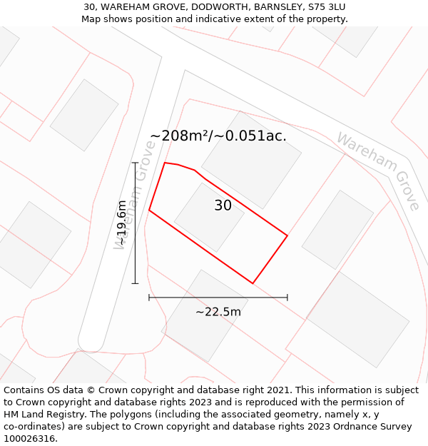 30, WAREHAM GROVE, DODWORTH, BARNSLEY, S75 3LU: Plot and title map