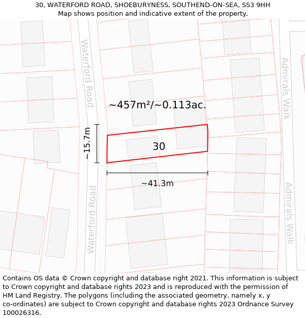 30, WATERFORD ROAD, SHOEBURYNESS, SOUTHEND-ON-SEA, SS3 9HH: Plot and title map