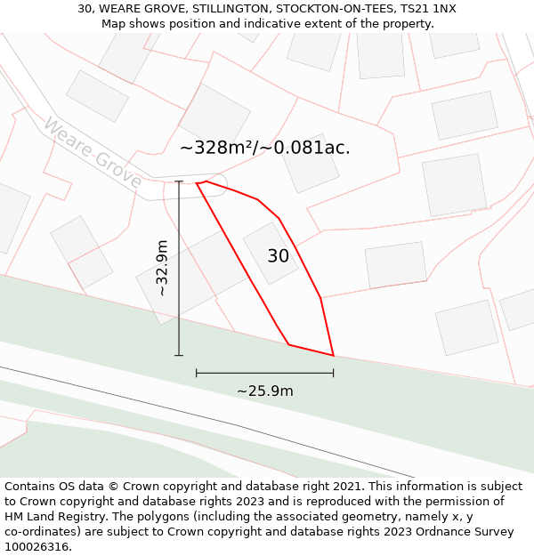 30, WEARE GROVE, STILLINGTON, STOCKTON-ON-TEES, TS21 1NX: Plot and title map