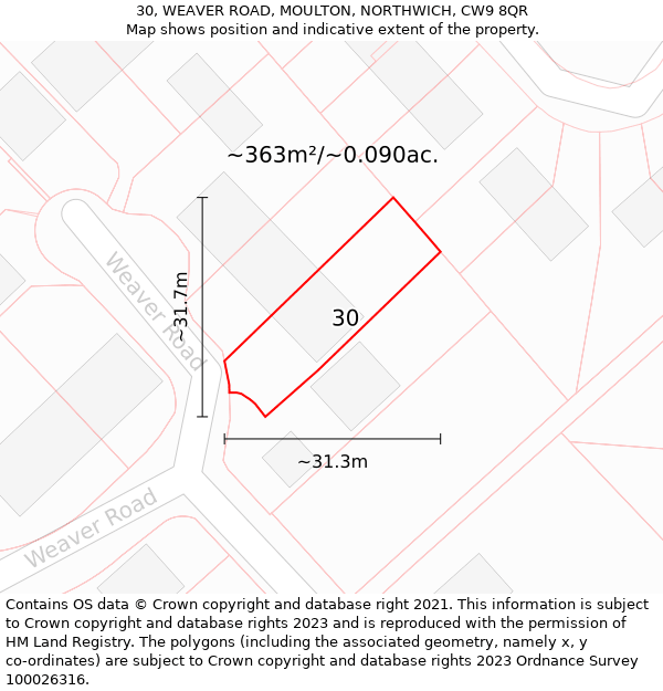 30, WEAVER ROAD, MOULTON, NORTHWICH, CW9 8QR: Plot and title map