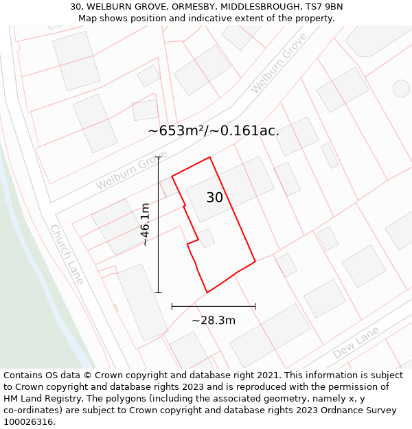 30, WELBURN GROVE, ORMESBY, MIDDLESBROUGH, TS7 9BN: Plot and title map