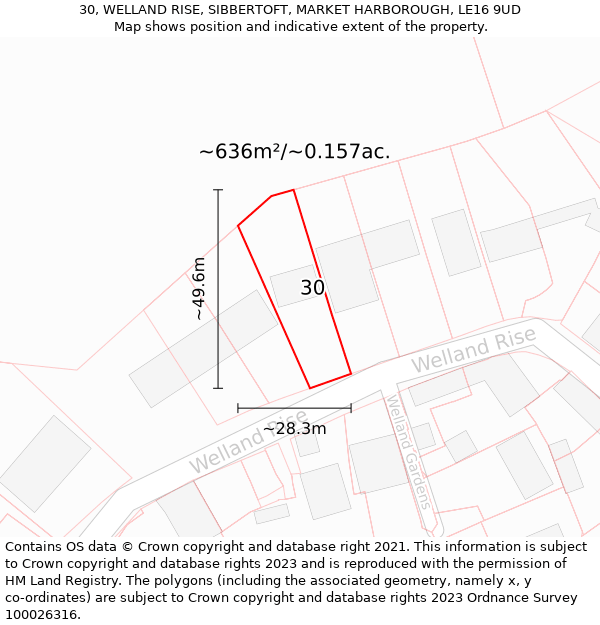 30, WELLAND RISE, SIBBERTOFT, MARKET HARBOROUGH, LE16 9UD: Plot and title map