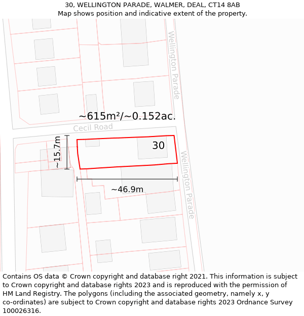 30, WELLINGTON PARADE, WALMER, DEAL, CT14 8AB: Plot and title map