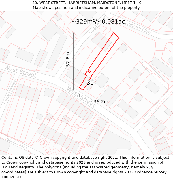 30, WEST STREET, HARRIETSHAM, MAIDSTONE, ME17 1HX: Plot and title map