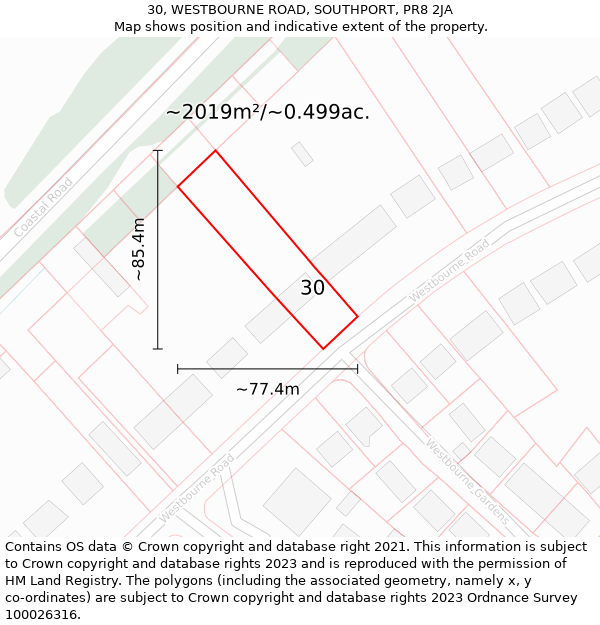 30, WESTBOURNE ROAD, SOUTHPORT, PR8 2JA: Plot and title map