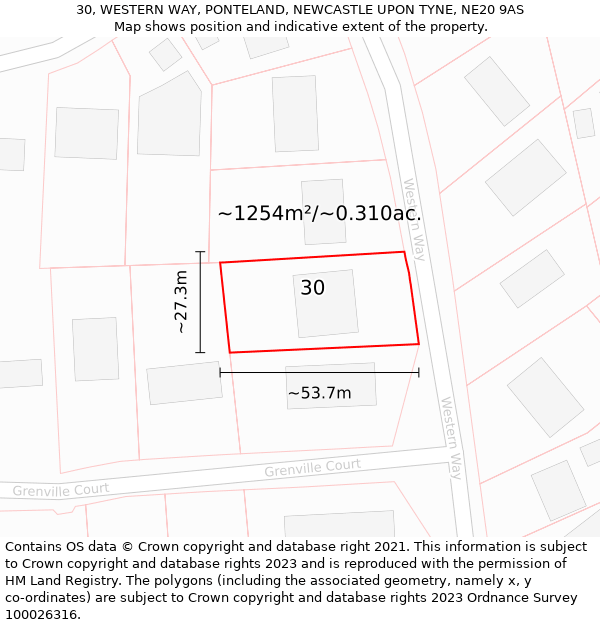 30, WESTERN WAY, PONTELAND, NEWCASTLE UPON TYNE, NE20 9AS: Plot and title map