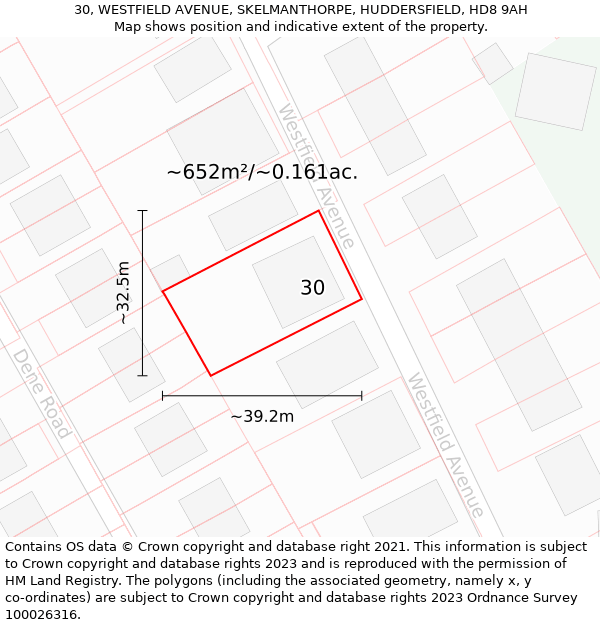 30, WESTFIELD AVENUE, SKELMANTHORPE, HUDDERSFIELD, HD8 9AH: Plot and title map