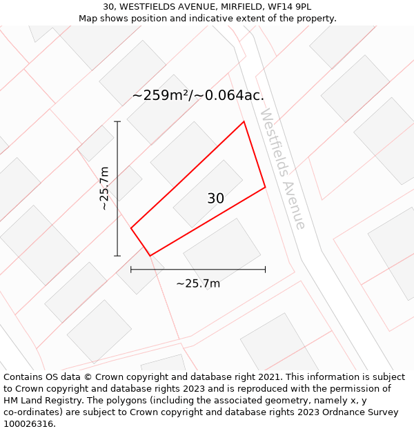 30, WESTFIELDS AVENUE, MIRFIELD, WF14 9PL: Plot and title map