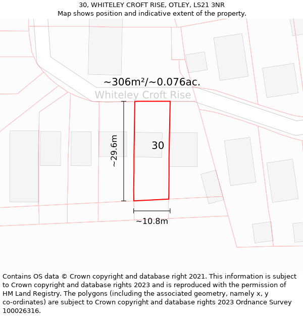 30, WHITELEY CROFT RISE, OTLEY, LS21 3NR: Plot and title map