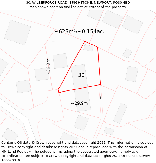 30, WILBERFORCE ROAD, BRIGHSTONE, NEWPORT, PO30 4BD: Plot and title map