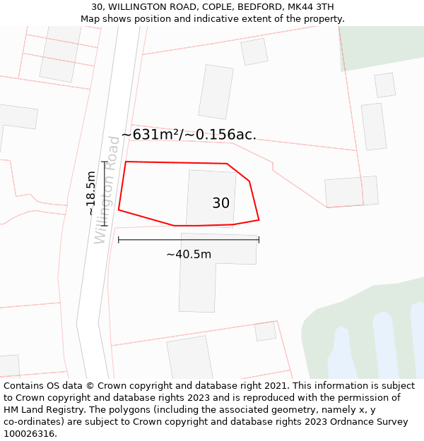 30, WILLINGTON ROAD, COPLE, BEDFORD, MK44 3TH: Plot and title map