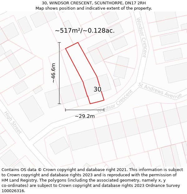 30, WINDSOR CRESCENT, SCUNTHORPE, DN17 2RH: Plot and title map