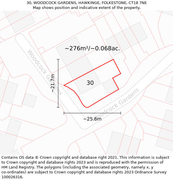 30, WOODCOCK GARDENS, HAWKINGE, FOLKESTONE, CT18 7NE: Plot and title map