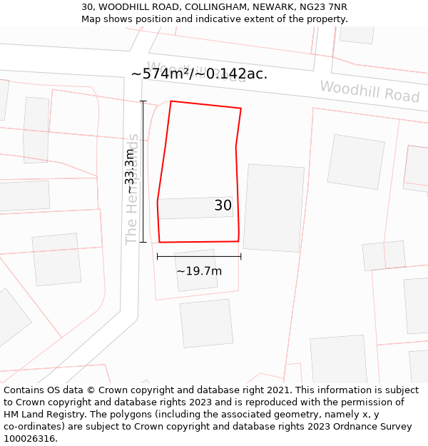 30, WOODHILL ROAD, COLLINGHAM, NEWARK, NG23 7NR: Plot and title map